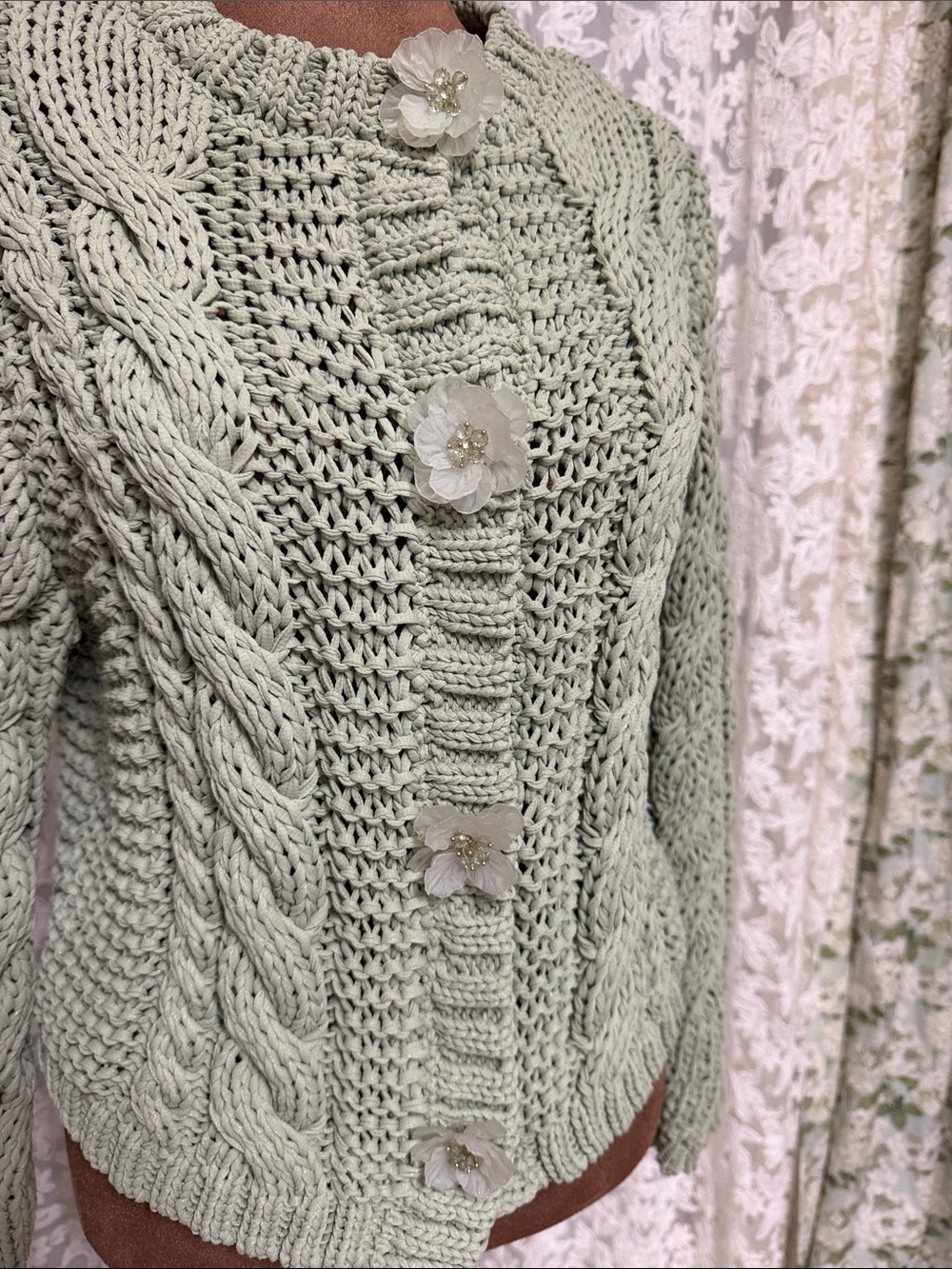 Zara Light Sage Green Cable Knit Cropped Cardigan - Picture 7 of 12